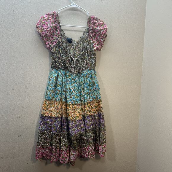 VTG 90s Y2K Jackpot Cottagecore Dress Tiered Midi Boho Puffed Sleeves Womens L - Picture 1 of 7